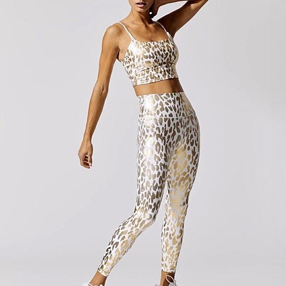 Carbon38 White Gold Leopard Sports Bra Leggings Matching Set - Picture 1 of 7